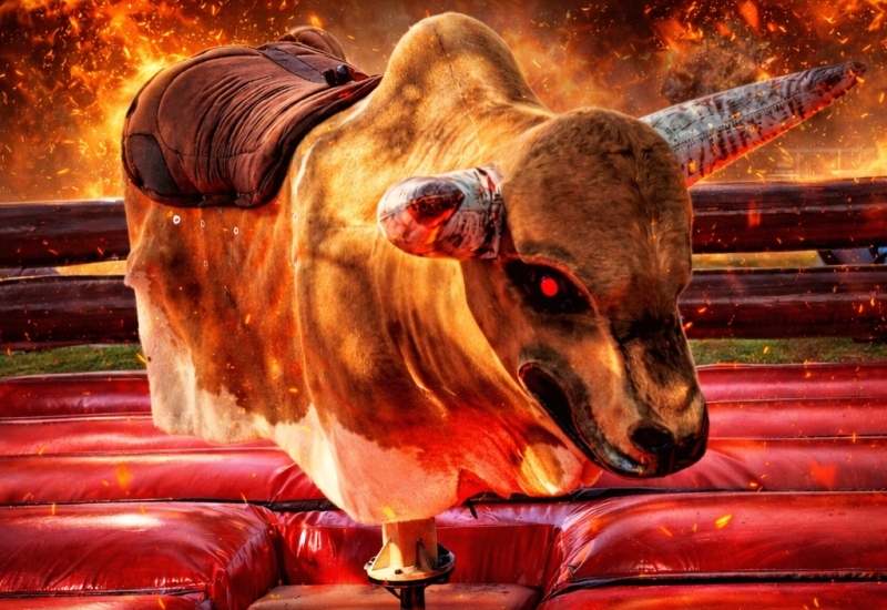 Close-up of the mechanical bull head with horns
