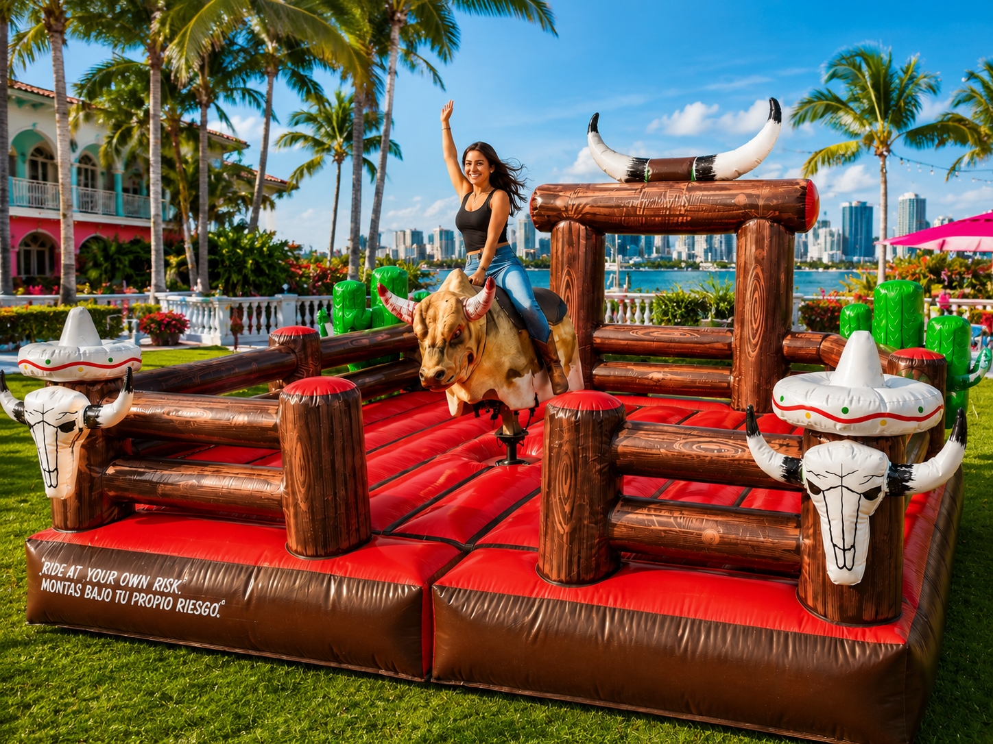 Bull rental setup with Miami skyline behind